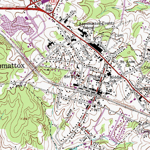 Topographic Map of Appomattox County Sheriff's Office, VA