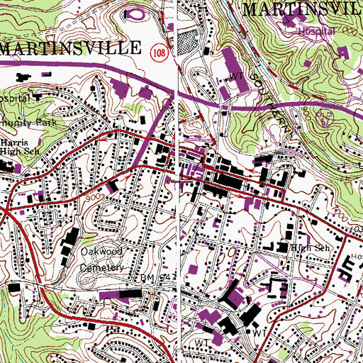 Topographic Map of Martinsville Police Department, VA