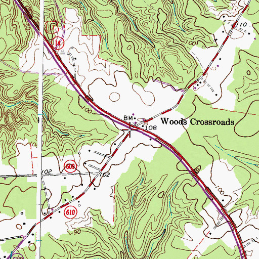 Topographic Map of Woods Cross Roads Post Office, VA