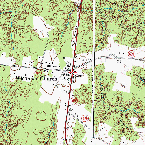Topographic Map of Wicomico Church Post Office, VA