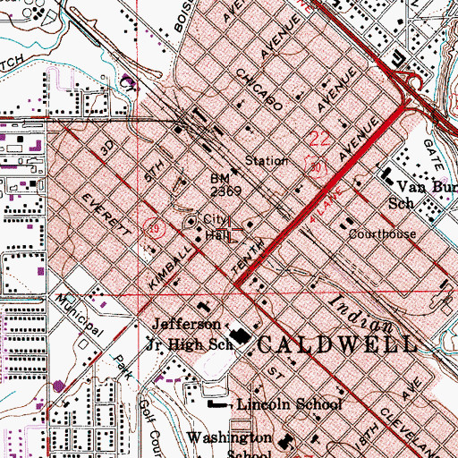 Topographic Map of Caldwell Post Office, ID