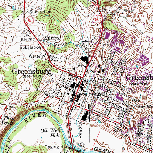 Topographic Map of Greensburg Police Department, KY