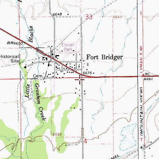 Topographic Map of Fort Bridger Post Office, WY