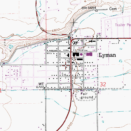 Topographic Map of Lyman Post Office, WY