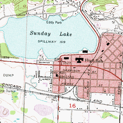 Topographic Map of Michigan State Police District 8 Wakefield Post 86, MI