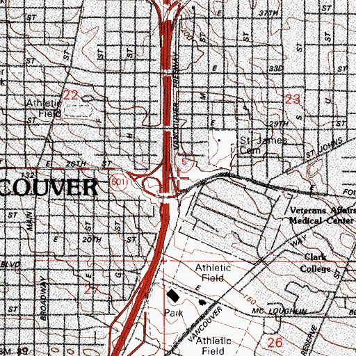 Topographic Map of Vancouver Barracks Post Cemetery, WA