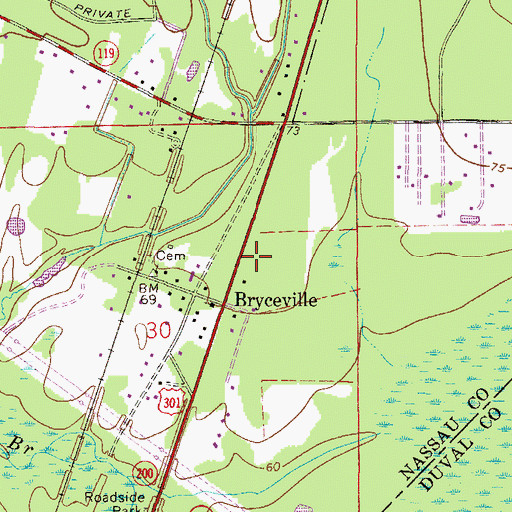 Topographic Map of Bryceville Post Office, FL