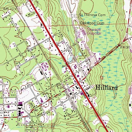 Topographic Map of Hilliard Post Office, FL