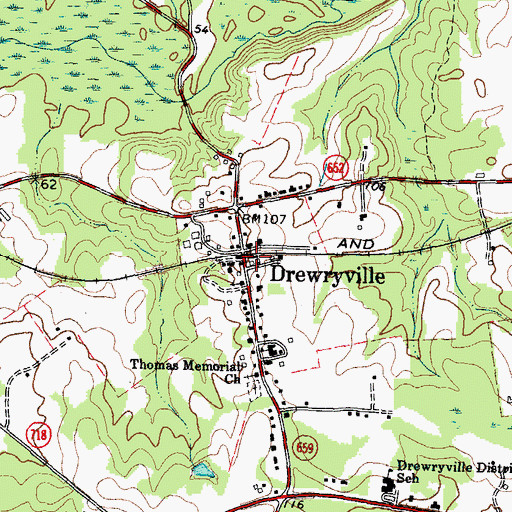 Topographic Map of Drewryville Post Office, VA