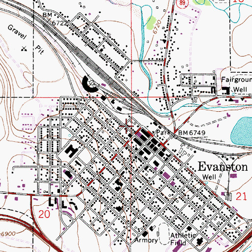 Topographic Map of Evanston Post Office, WY