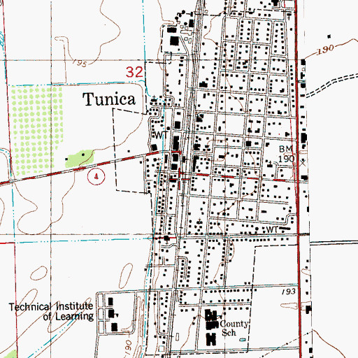 Topographic Map of Tunica Post Office, MS