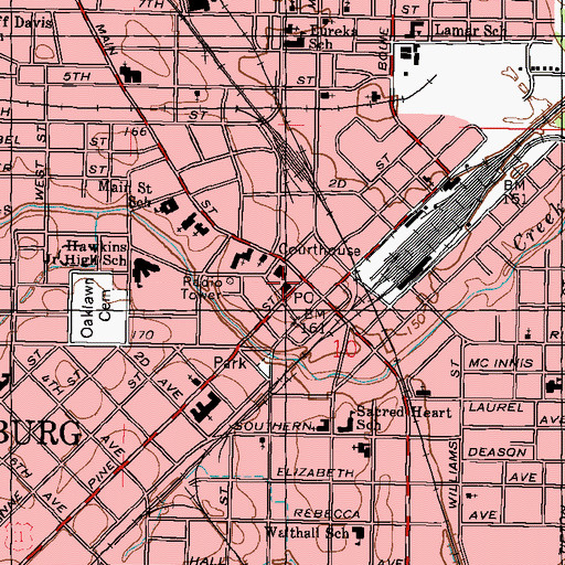 Topographic Map of Downtown Hattiesburg Post Office, MS