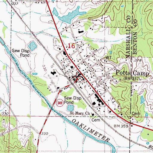 Topographic Map of Potts Camp Post Office, MS