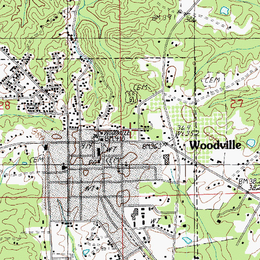 Topographic Map of Woodville Post Office, MS