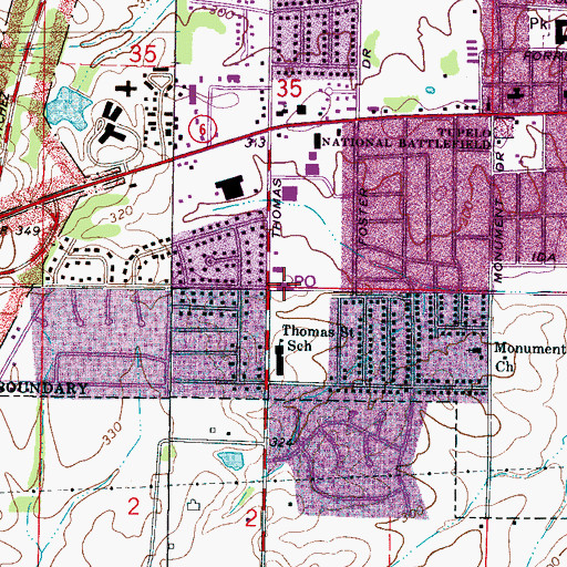 Topographic Map of Tupelo Post Office, MS