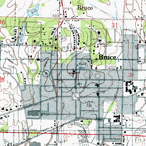 Topographic Map of Bruce Post Office, MS