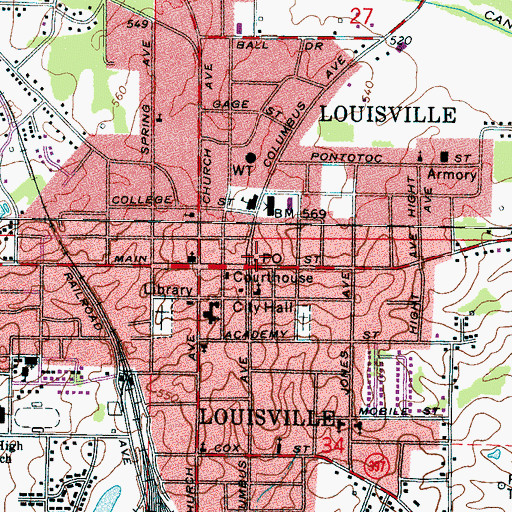 Topographic Map of Louisville Post Office, MS