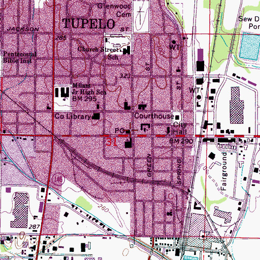 Topographic Map of Downtown Tupelo Post Office, MS