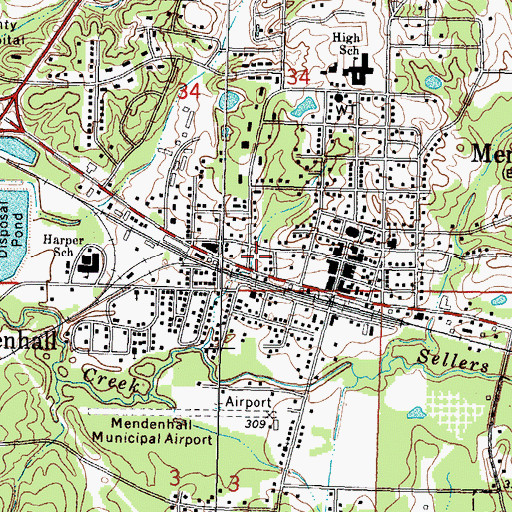 Topographic Map of Mendenhall Post Office, MS