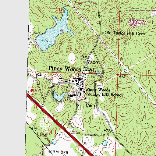 Topographic Map of Piney Woods Post Office, MS