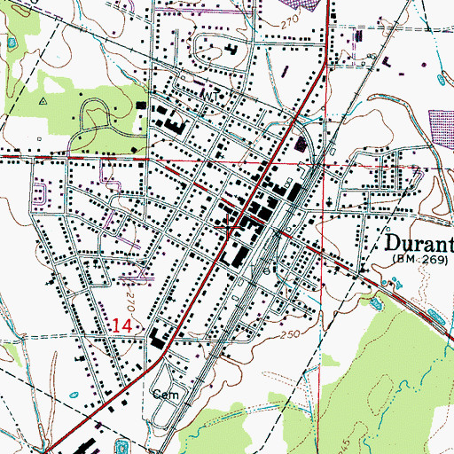 Topographic Map of Durant Post Office, MS