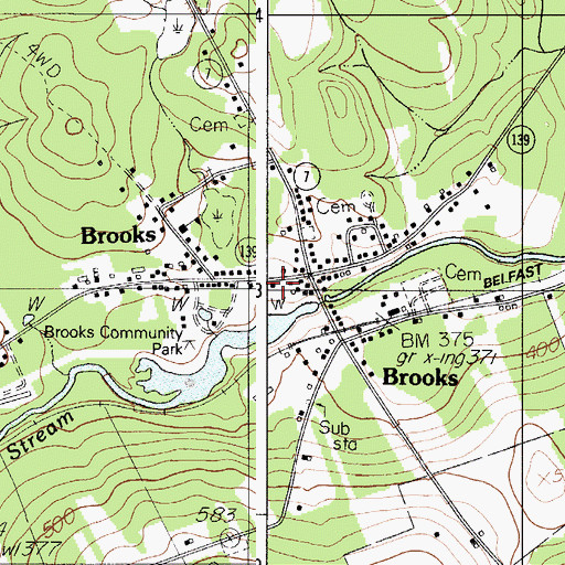 Topographic Map of Brooks Post Office, ME