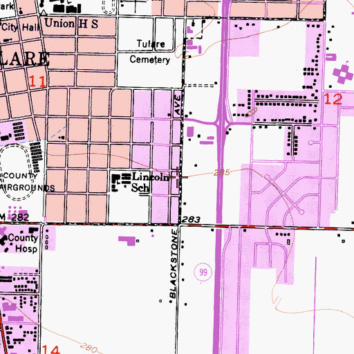 Topographic Map of City of Tulare Fire Department Station 1 Headquarters, CA