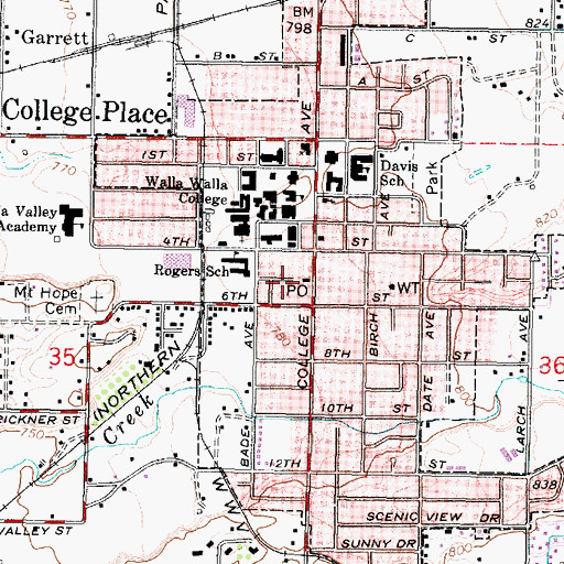 Topographic Map of College Place Post Office, WA
