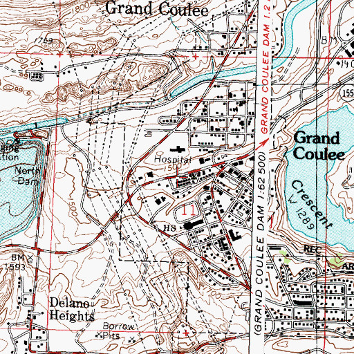 Topographic Map of Grand Coulee Post Office, WA