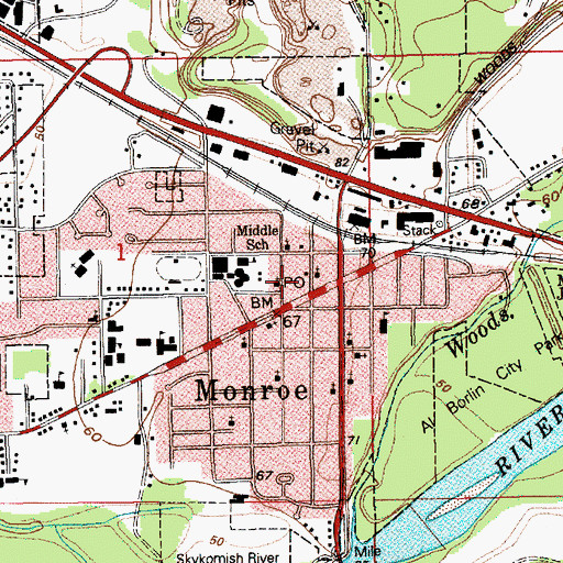Topographic Map of Monroe Post Office, WA
