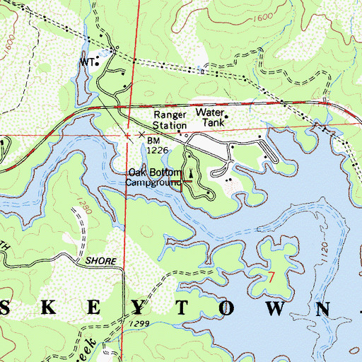 Topographic Map of Oak Bottom Campround, CA