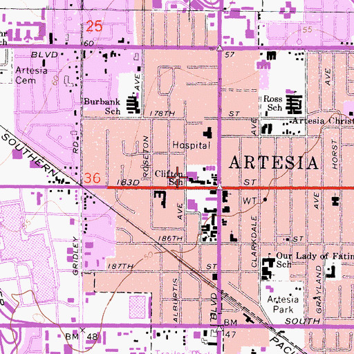 Topographic Map of Artesia Post Office, CA
