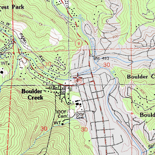 Topographic Map of Boulder Creek Post Office, CA