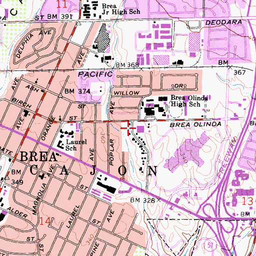 Topographic Map of Brea Post Office, CA
