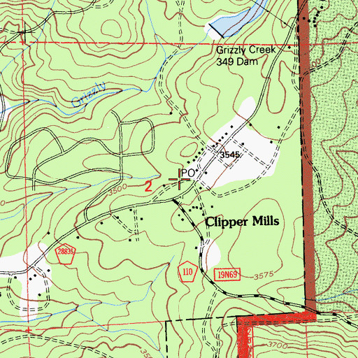 Topographic Map of Clipper Mills Post Office, CA