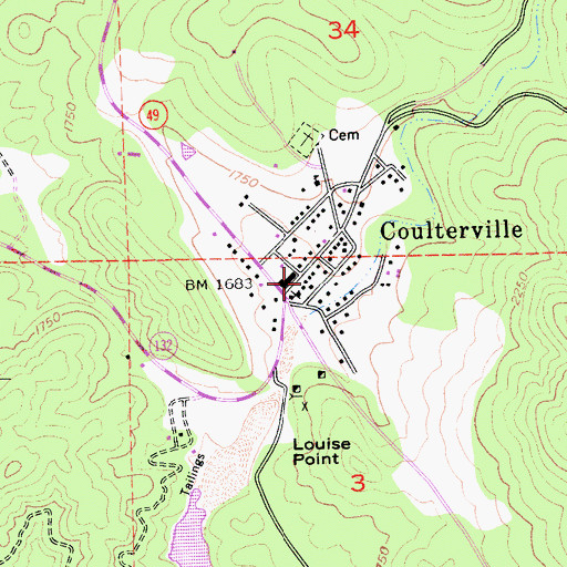 Topographic Map of Coulterville Post Office, CA