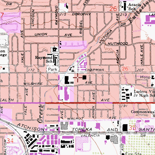 Topographic Map of Fullerton Post Office, CA