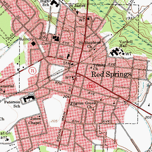 Topographic Map of Red Springs Police Department, NC