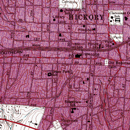 Topographic Map of Hickory Police Department, NC