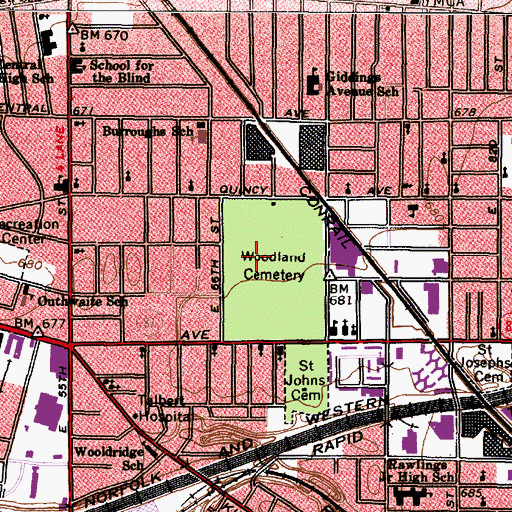 Topographic Map of Woodland Cemetery Soldiers' Lot, OH