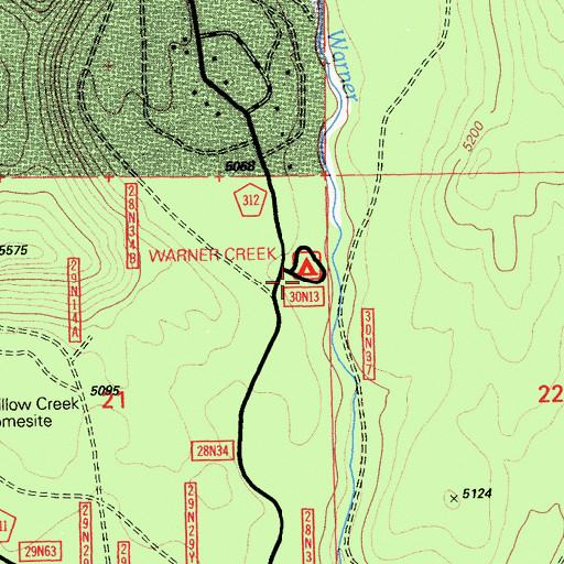 Topographic Map of Warner Creek Campground, CA