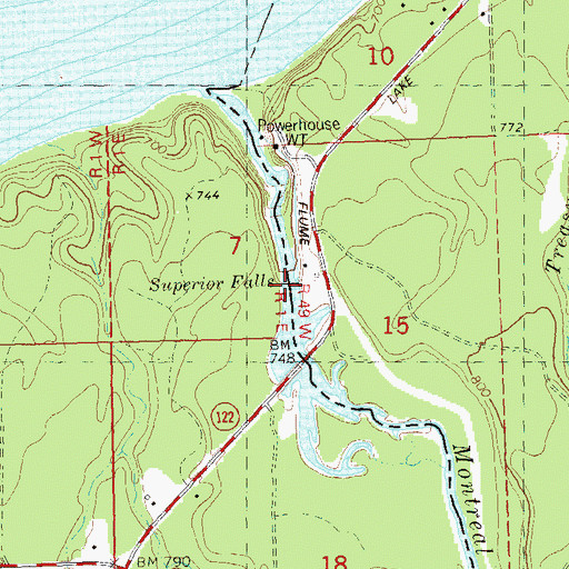 Topographic Map of Superior Falls Flowage, WI