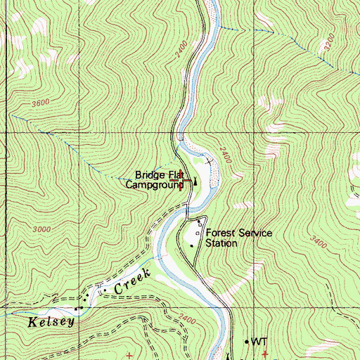 Topographic Map of Bridge Flat Campground, CA