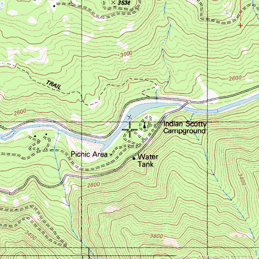 Topographic Map of Indian Scotty Campground, CA