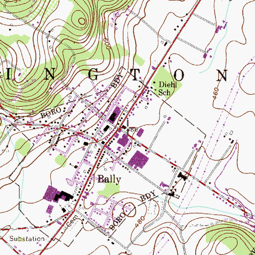 Topographic Map of Bally Post Office, PA