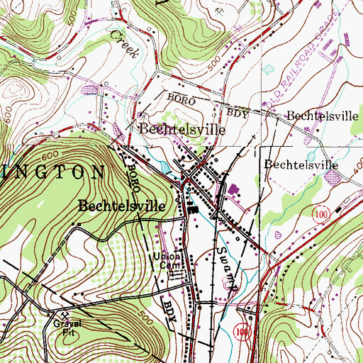 Topographic Map of Bechtelsville Post Office, PA