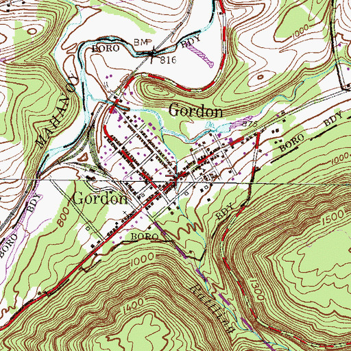 Topographic Map of Gordon Post Office, PA