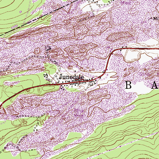 Topographic Map of Junedale Post office, PA