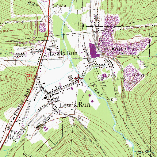 Topographic Map of Lewis Run Post Office, PA