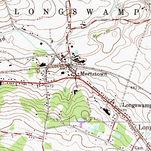 Topographic Map of Mertztown Post Office, PA